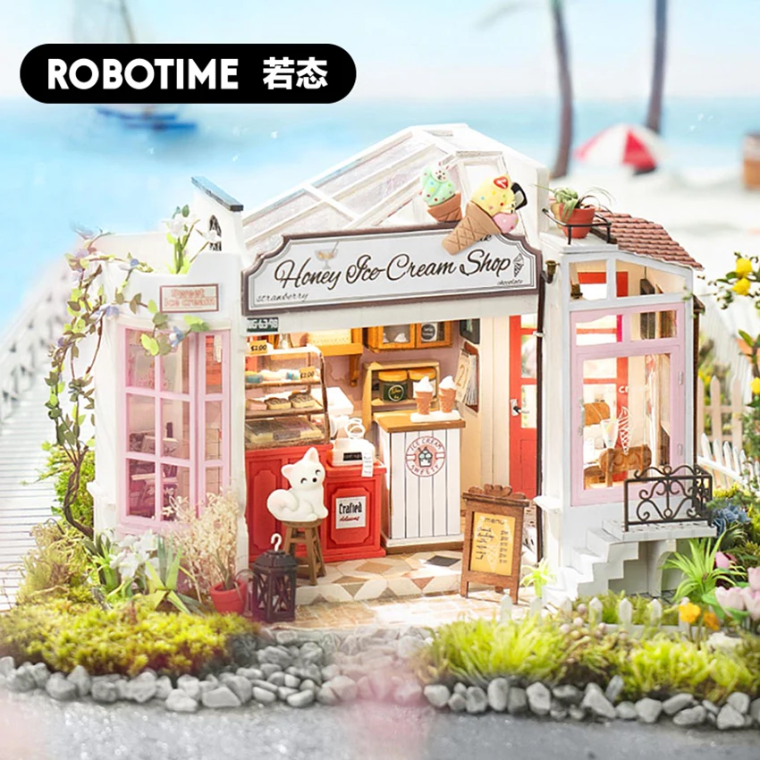 

Robotime Rolife US Warehouse DG148 Honey Ice-cream Shop 3D Handmade Wooden Puzzle DIY Miniature Doll House