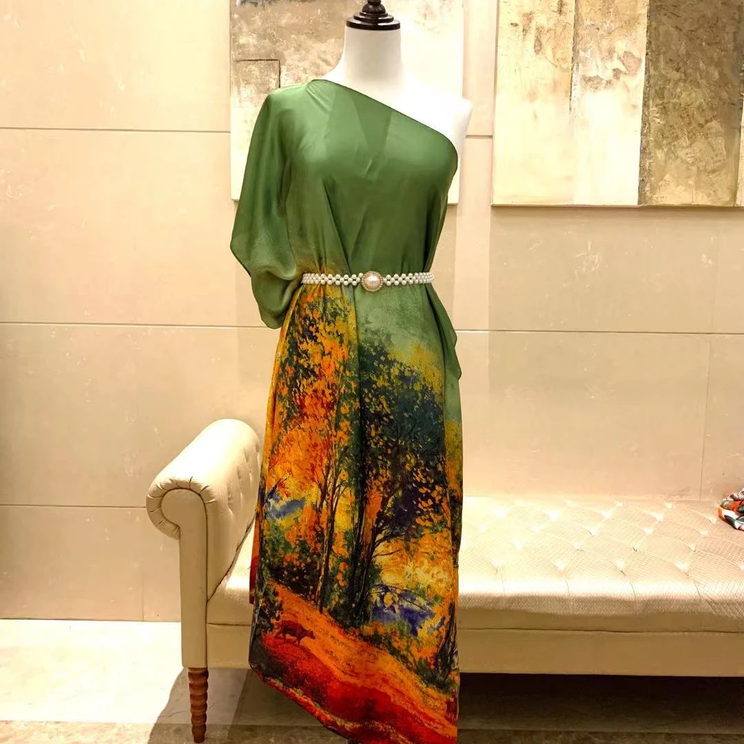 

Oil Painting maple plus size women's dress easy wear beach dress, 1 color