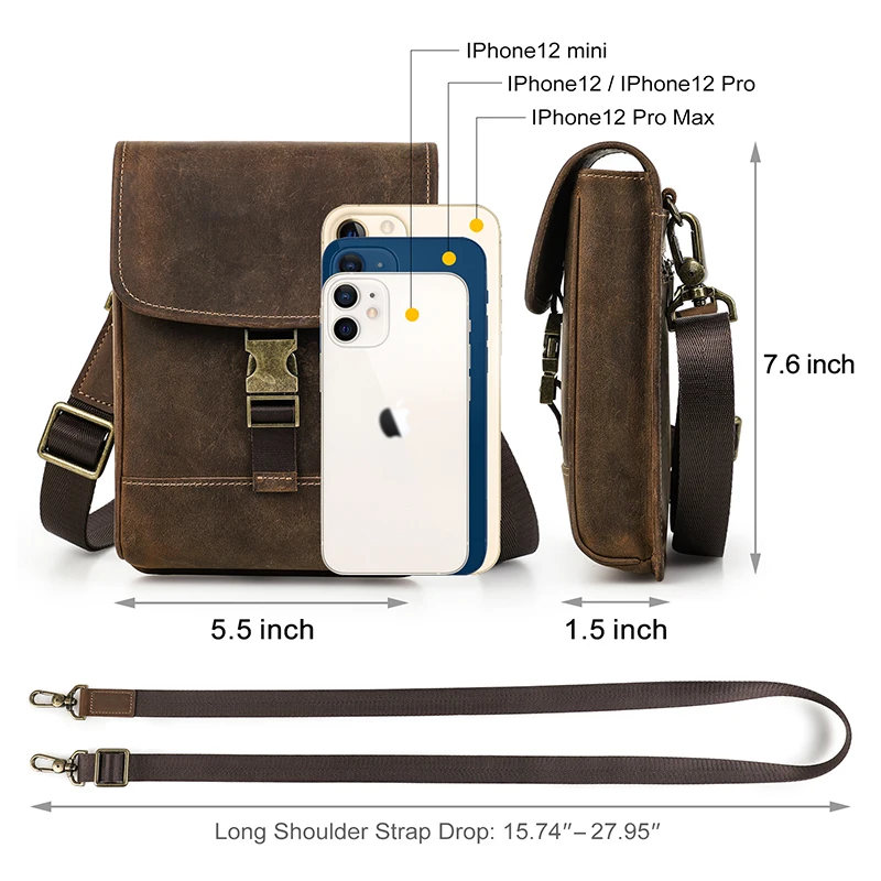 

Hidden Magnetic Buckle Desgin Genuine Leather Shoulder Bag Adjustable Shoulder Strap Mobile Phone Bag For Iphone 12 Pro Max