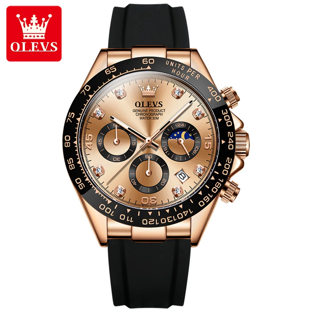 

OLEVS 2875 New Mens Chronograph Watches Luxury Sports Watch Men Black Silicone Strap Quartz Watches
