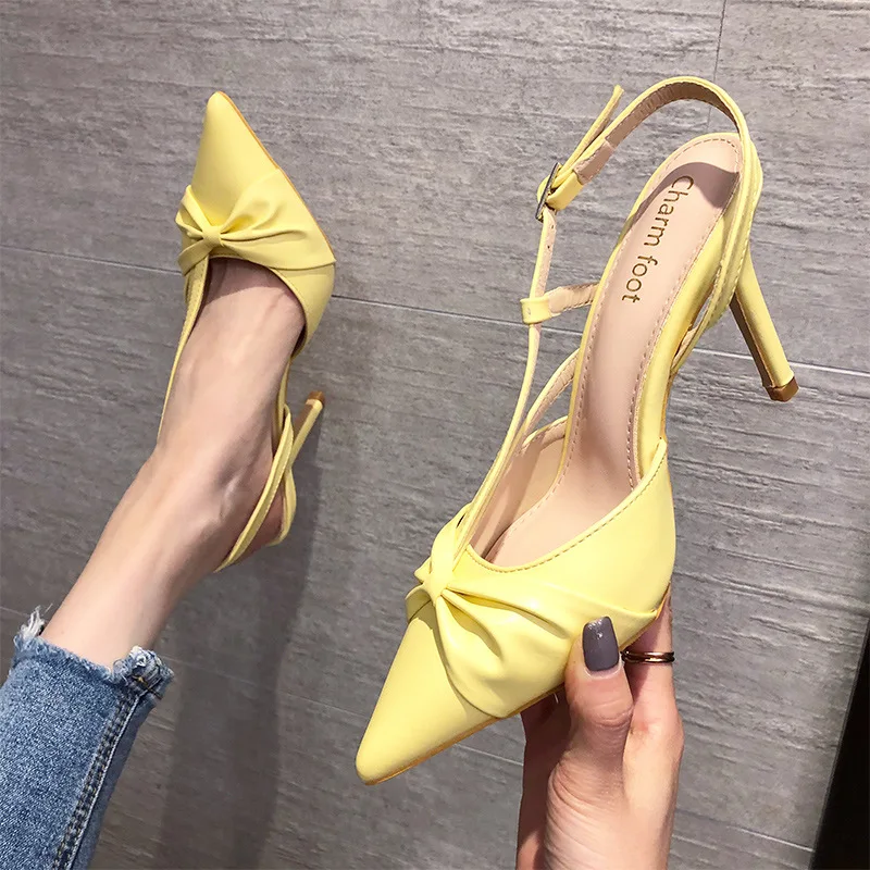 

2021 new ladies single shoes with pointed toes thin heels side hollowed-out high-heeled shoes sexy women's pumps, White yellow