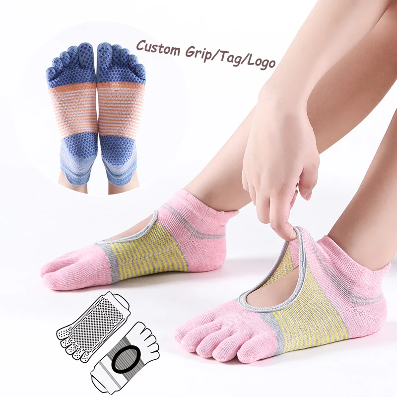 Women's Color Block 5 Toe Short Yoga Socks Custom Non-Slip All Seasons Knitted Ankle High Fitness Toe Pilates Socks