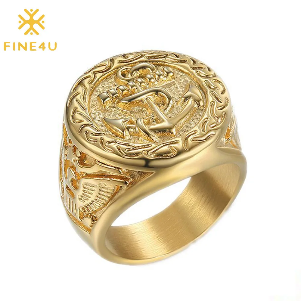 

Hip Hop Male Vintage Stainless Steel Non Tarnish Gold Plated US Navy Anchor Eagle Ring For Men