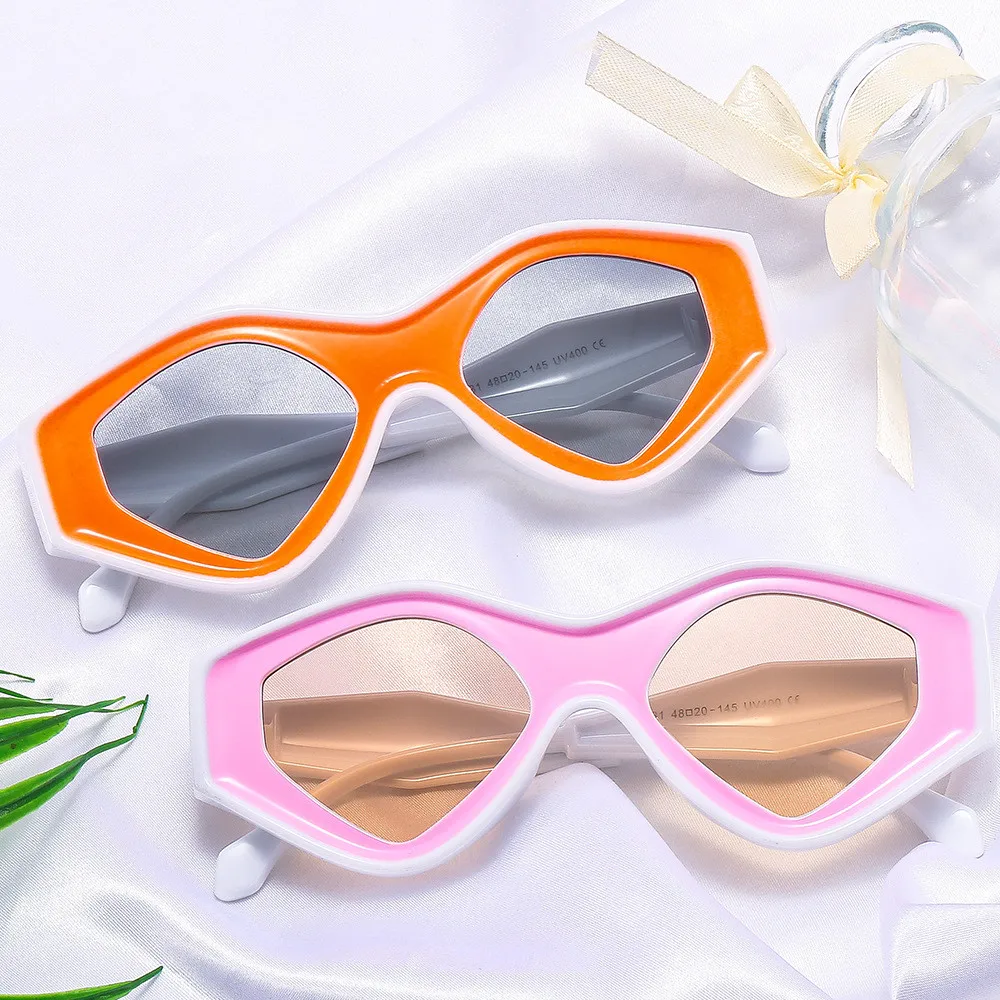 

Jiuling fashion women candy contrast color concave pc frame funny shades sunglasses small polygon women sunglasses