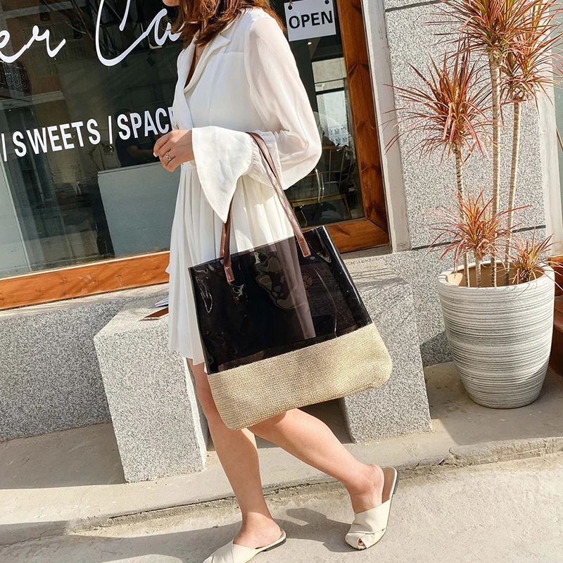 

2021 fashion woven beach tote bag pvc large capacity PVC beach shoulder bag clear shopping underarm beach bag, 3 colors