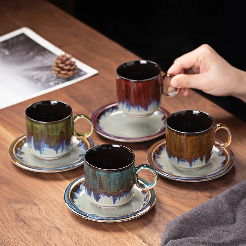 

Factory direct 150ML retro hand-paint colorful ceramic coffee cup and saucers tea cup sets wholesale