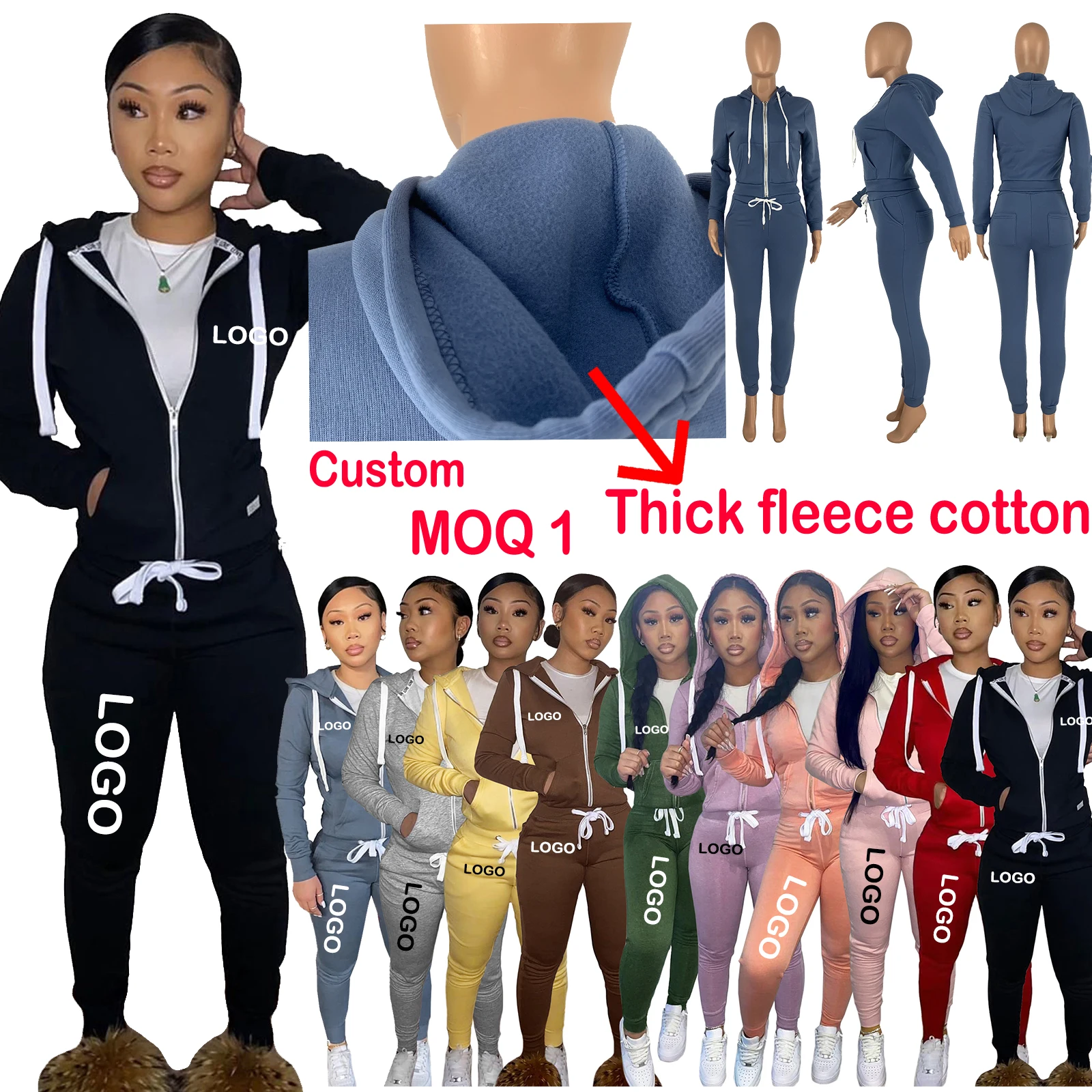 

Talla Ropa De Mujer Custom Fleece Jacket Zipper Hoodie Sweatsuit Two Piece Pant Set Winter Women Clothing Tracksuit Cotton 2021, Picture