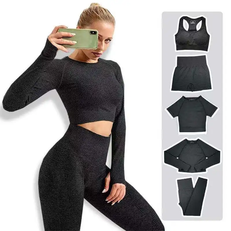 

5 PCS Women Active Wear Set Sport Bra + High Waist Workout Leggings Seamless Yoga Set