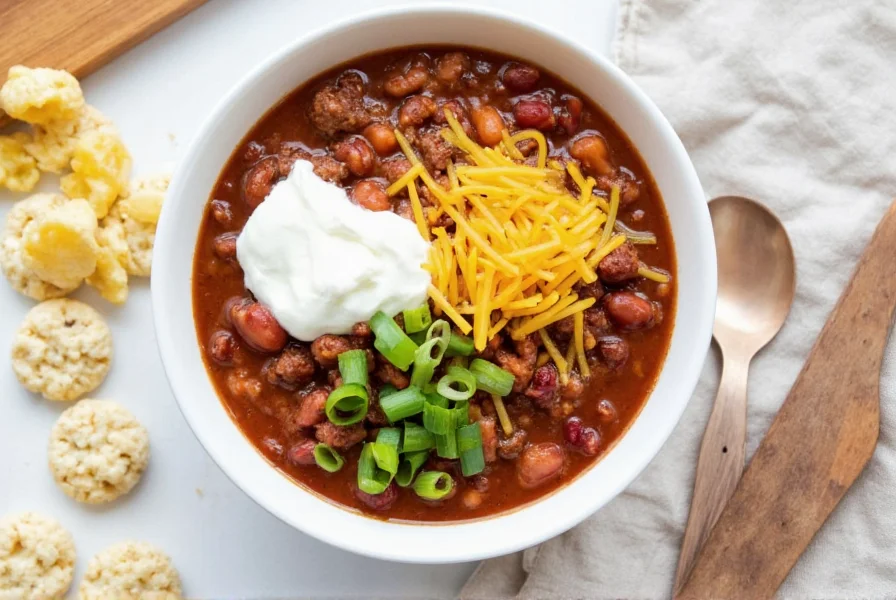 Beef and bean chili served in white bowl with toppings: shredded cheddar, sour cream, chopped green onions, and oyster crackers