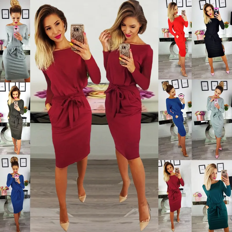 

Hot sale hot style 7 colors 6 yards fashion lace belt round neck long sleeve slim mini dress