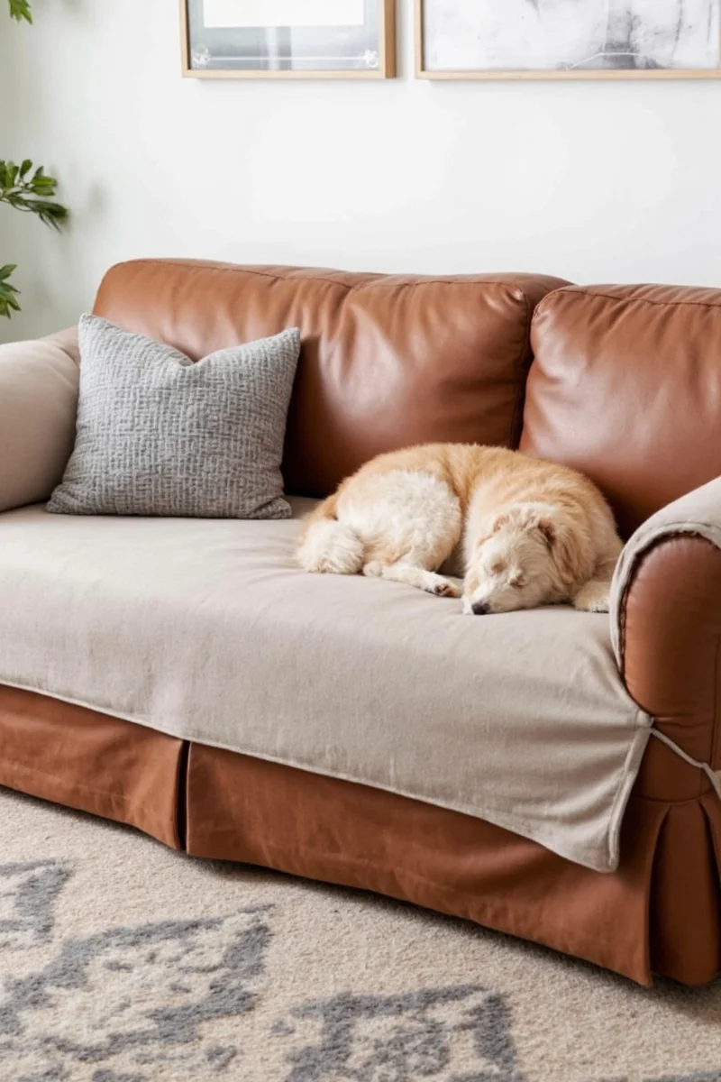 A modern living room featuring a white leather sofa with a patterned pet cover, matching cushions, and plant accents.