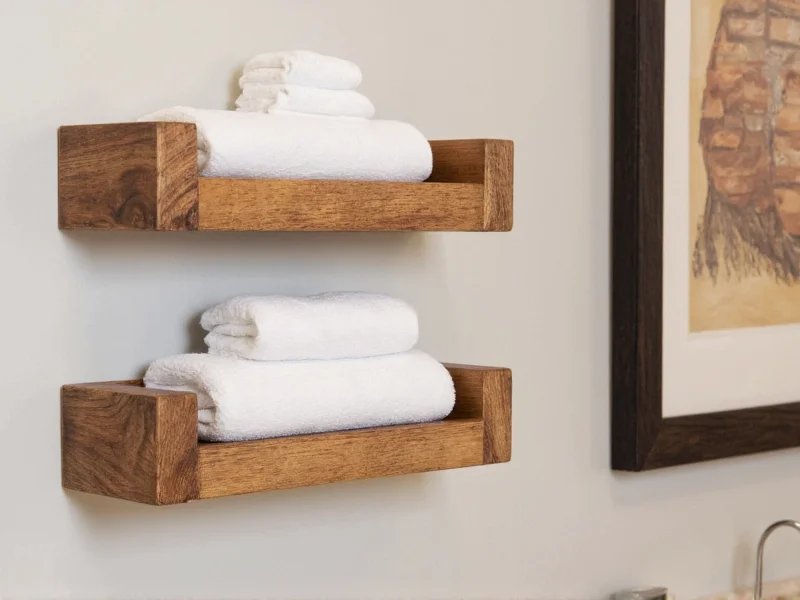 Reclaimed wood towel rack mounted in rustic bathroom with folded towels