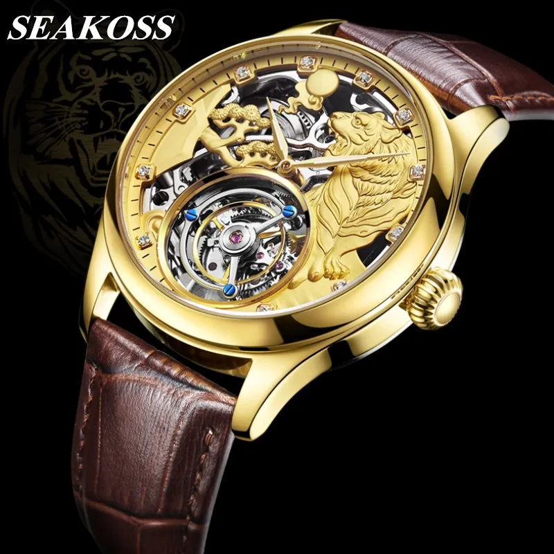 

Men Luxury Zodiac Tiger Skeleton Real Tourbillon Watch Sapphire Glass Hand Wind Mechanical Watches 50m Waterproof