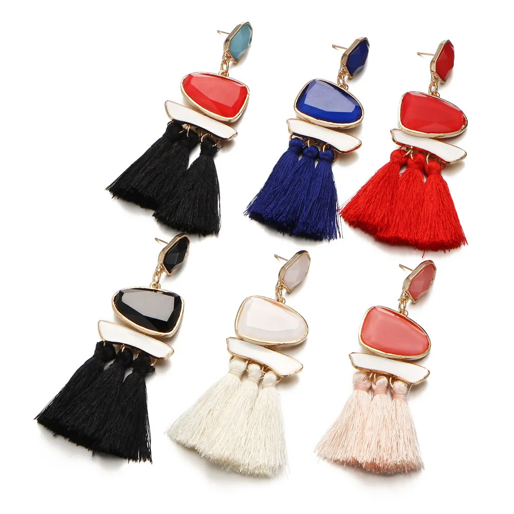 

Advanced Creative Design Direct Wholesale Dripping Oil Alloy Gem Long Wood Resin Bohemian Tassel Fringe Earrings, Picture