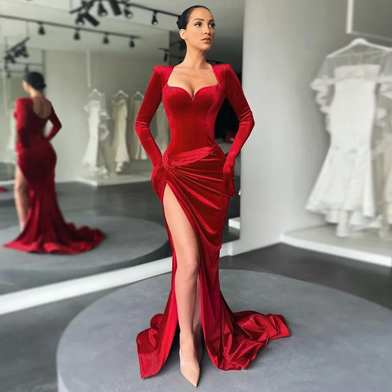 

Long Sleeve Strapless Elegant Woman Vestidos Luxury Celebrity Evening Party Maxi Velvet Dress