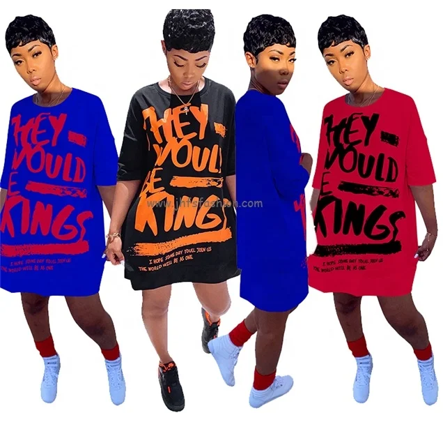 

J&H fashion Letter printed fashionable street wear ladies short sleeve crew neck loose t shirt dress for women