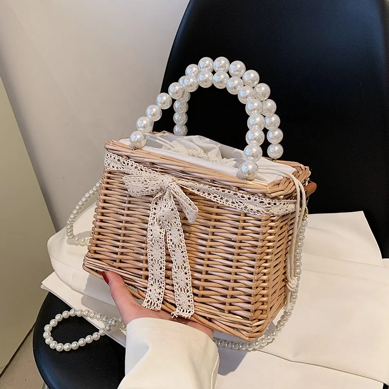 

2022 Fashion Summer Small Jelly Purse Pearl Handle Drop shipping Lady Handbags Women Straw Basket Handbag Beach Bag