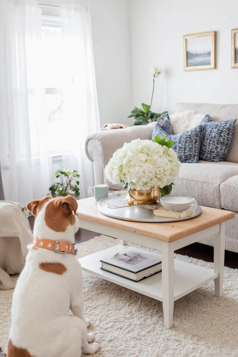 Custom built-in dog crate inside a white wooden console table with matching stool