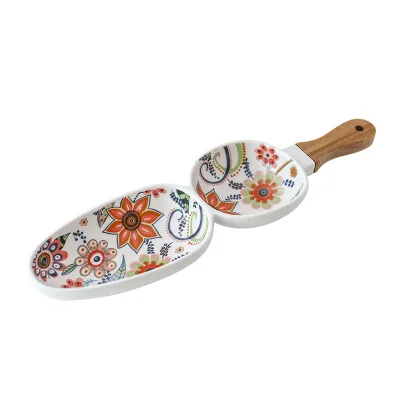large size Peanut shape creamic snacks bowl with woodhandle