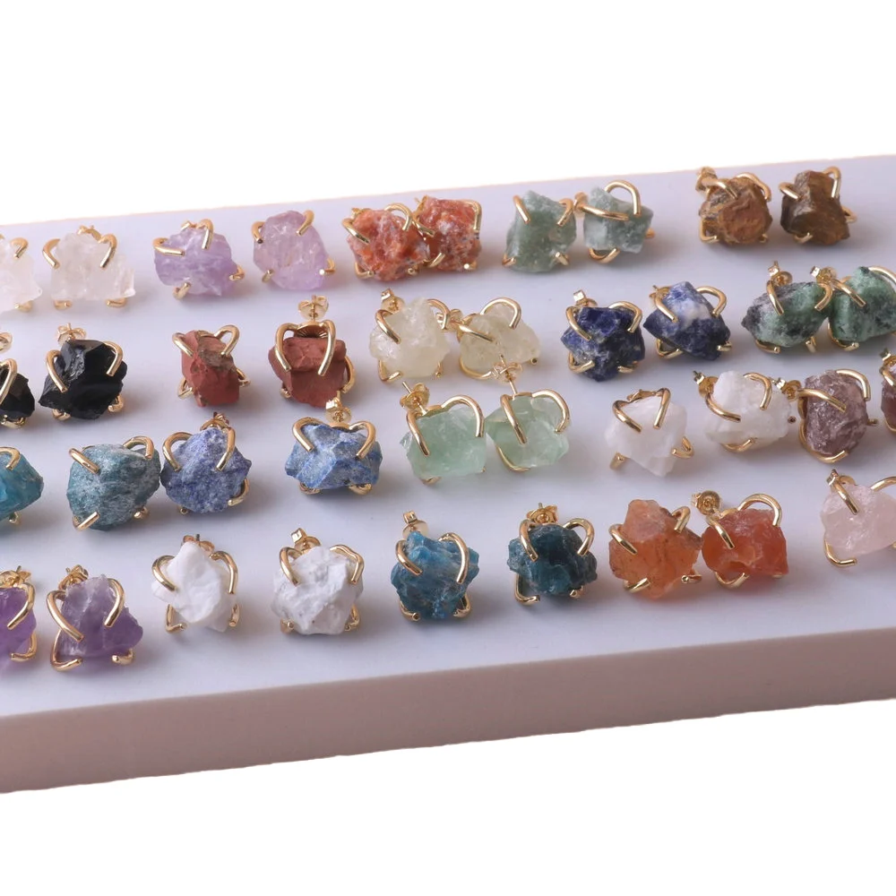 Natural Gemstone Earrings for Women - 18K Gold Plated Raw Amethyst and Rose Quartz Healing Crystal Stud Earrings