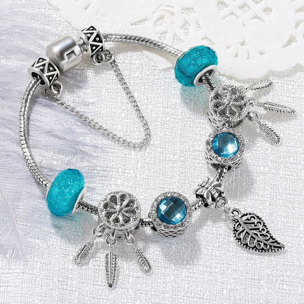 

White Gold Plated European Leaf Feather Charms Bracelets Bangle Luxury Delicate Blue Austria Crystal Beads Flower Charm Bracelet