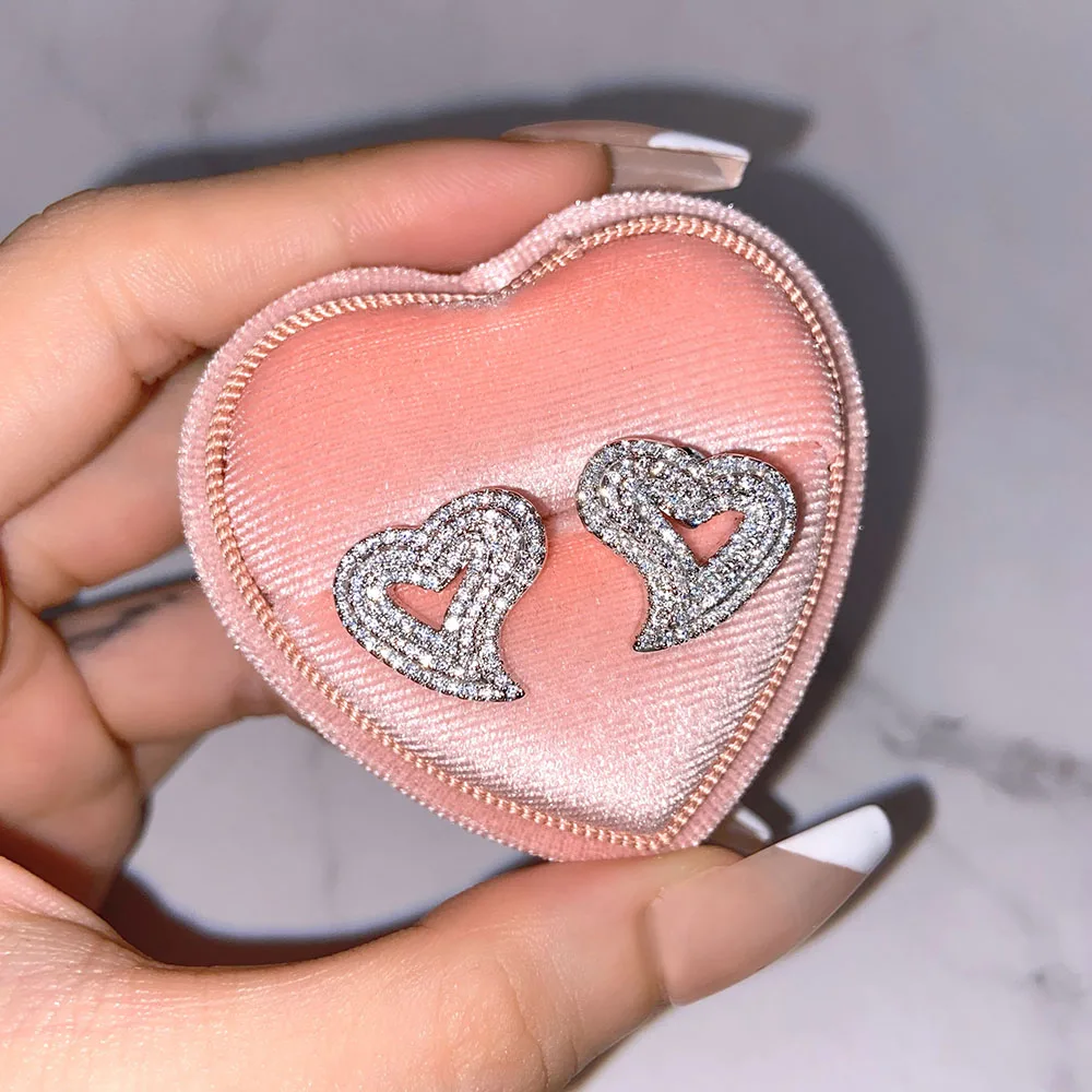 

silver bling diamond micro hollow heart shape earrings