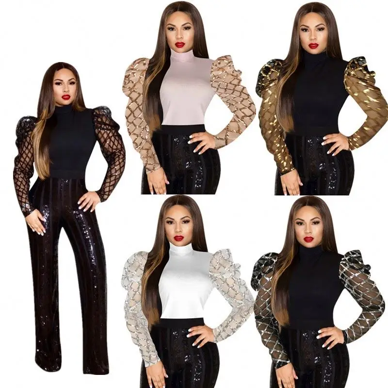 

LEXYZ-3 Women's V Neck Mesh Panel Blouse Bell Sleeve Loose Top Shirt