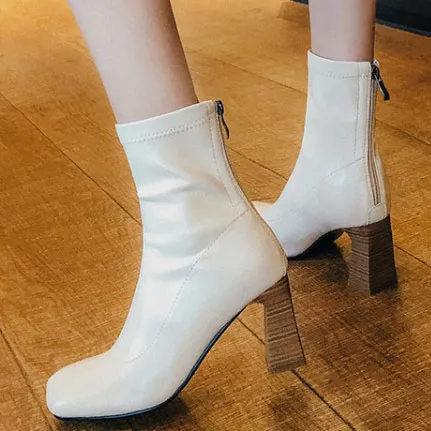 

Microfiber Upper Women Boots Back Zipper White Ankle Boots for Women Square High Heels shoes Square Toe Pigskin Lining Booties, Black,white,brown
