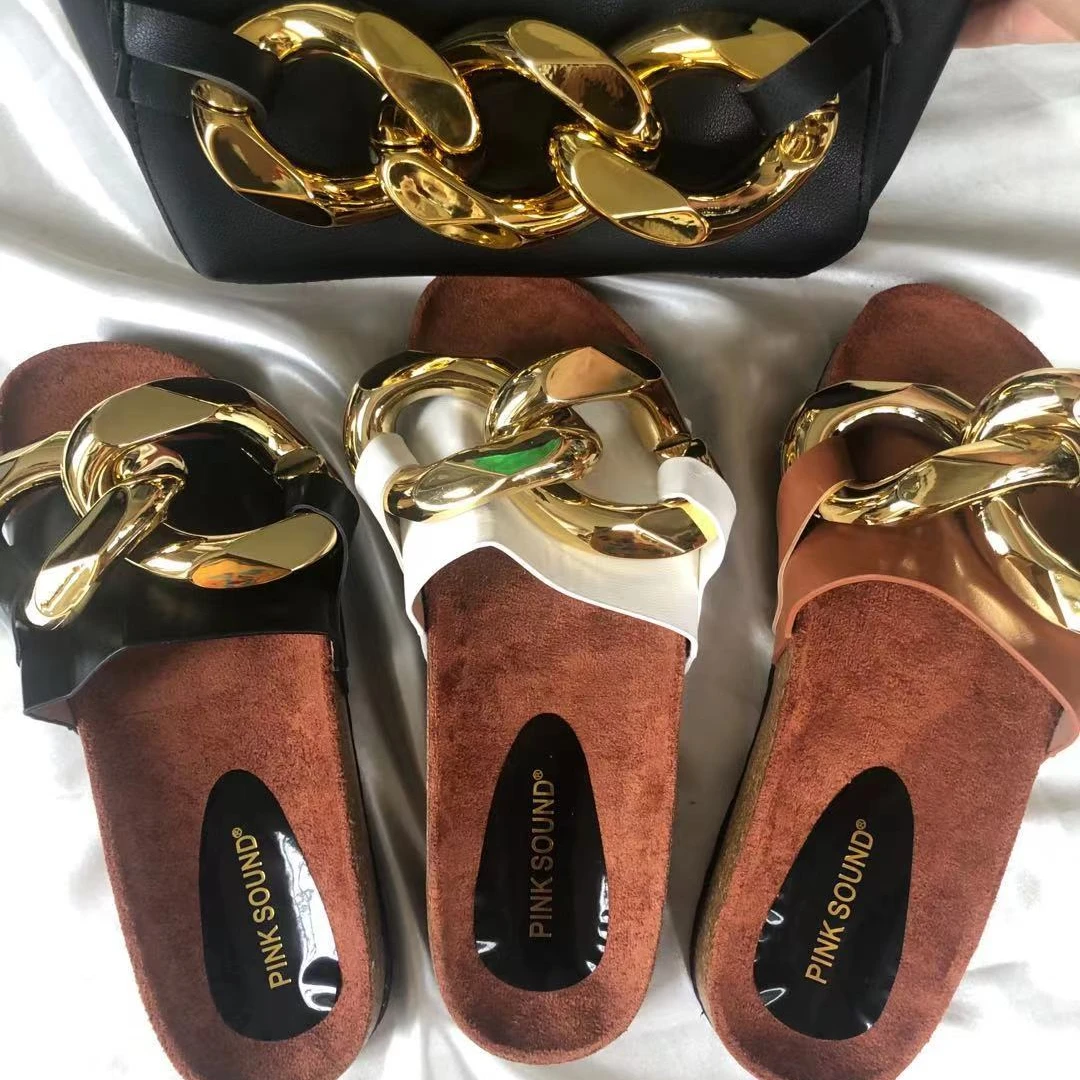 

X107012 flat sandals with big gold chain out door trendy causal slippers beach shoes women flat Wedges Sandals