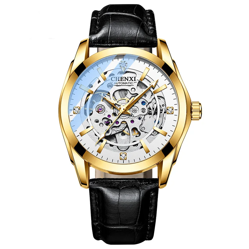 

Fashionable High Quality Original Wrist Mens Watch White Dial Black Leather Mechanical Watches, As shown in the picture