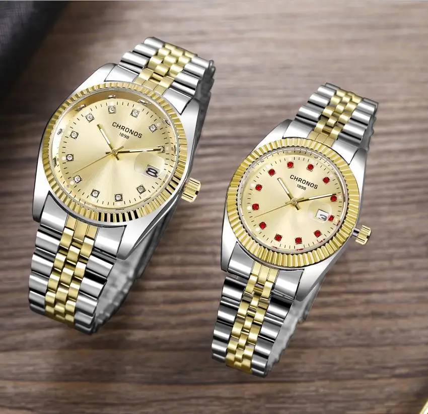 

Couple Watch Diamond Women's Watch Luxury Gold LadyLover Stainless Steel Quartz Waterproof Wristwatches for Men Analog Auto Date