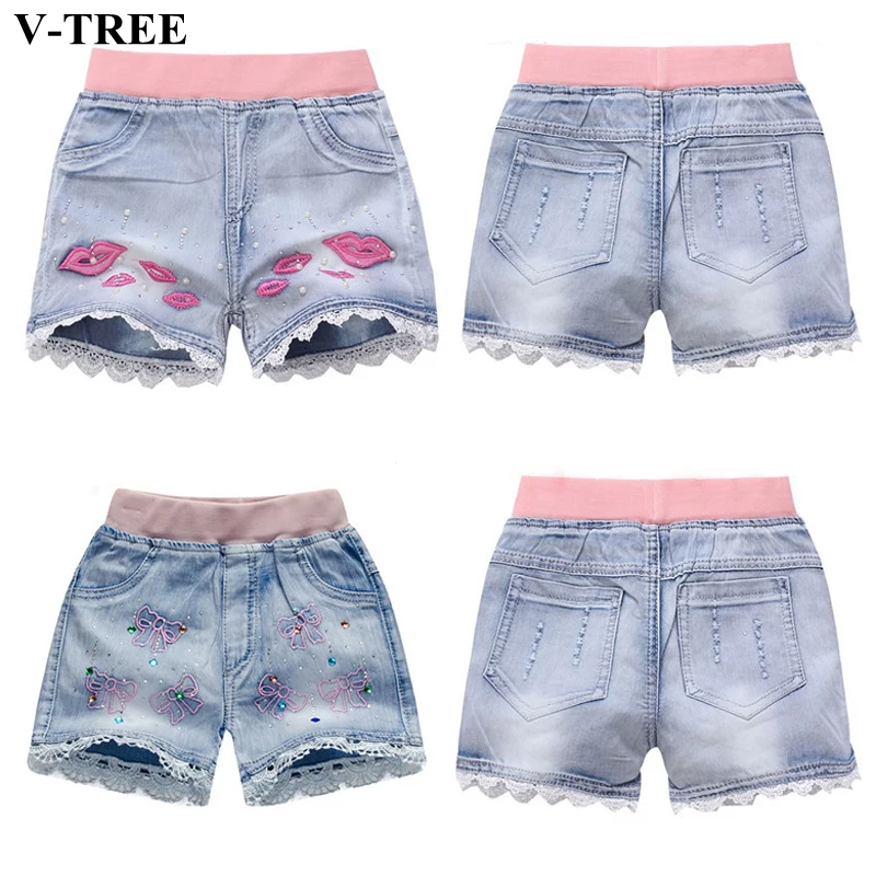 

V-TREE Girls Denim Shorts Teenage Girl Summer Lace Pants Kids Bow Clothes Children Flowers Embroidery Jean Short For Teenager