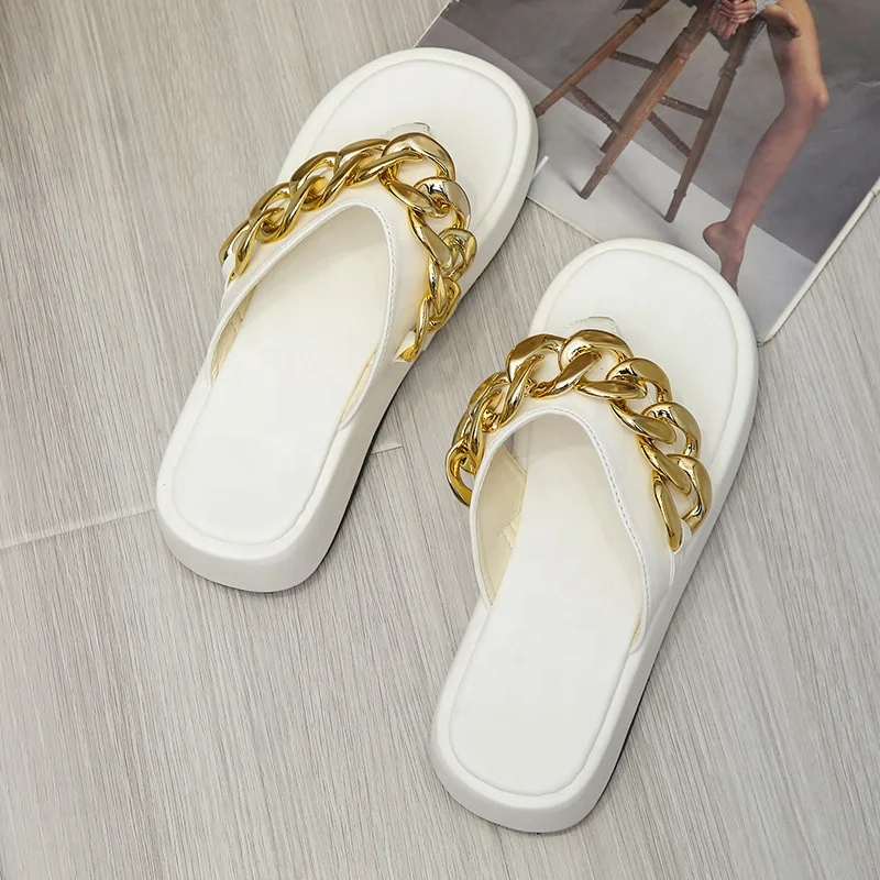 

LE SLIDES New Arrivals EVA Slippers Fashion Platform Gold Chain Flip Flops Womens Anti-slip PU Leather Plus Size Slides Slippers, Black white red brown