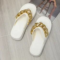LE SLIDES New Arrivals EVA Slippers Fashion Platform Gold Chain Flip Flops Womens Anti-slip PU Leather Plus Size Slides Slippers