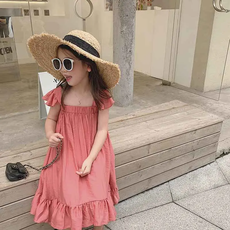 

Kids Clothing New Sweet Girls Holiday Style Solid Flying Sleeve Dress Kids Child Summer Dress