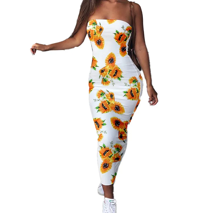 

Summer sexy sunflower print slim sleeveless dress, White,navy,moon