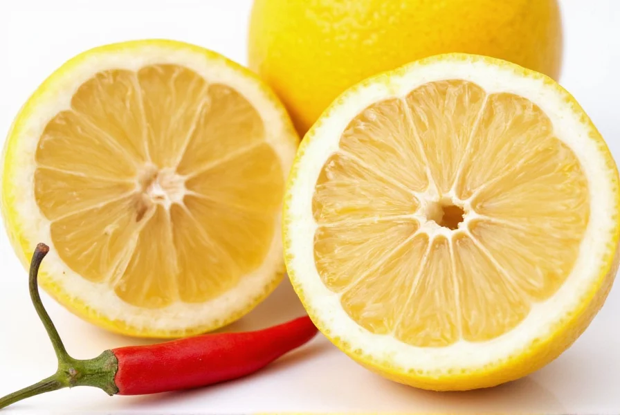 Close-up of fresh cayenne peppers and lemon slices on wooden cutting board showing natural ingredients for health benefits