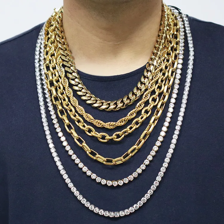 

Tarnish Free Jwellery Wholesale Custom Necklace Mens 18K 14K Gold Cuban Link Chain Gold Plated Stainless Steel Jewelry, Steel/gold/rose gold/black/gun