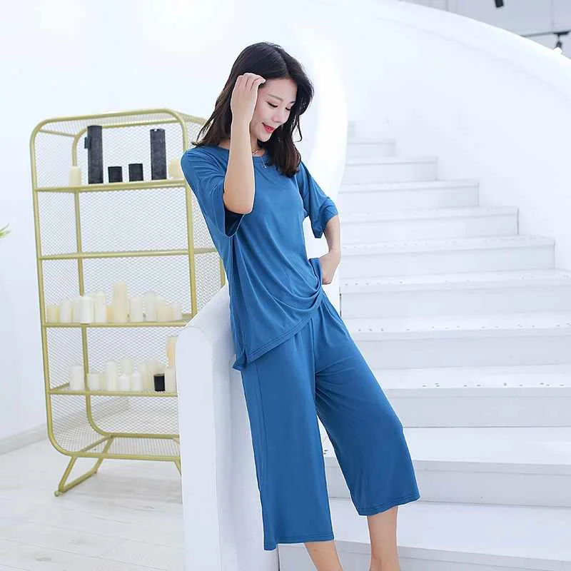 

Summer female modal cotton sleepwear suit short-sleeve shorts loose large size sleepwear wide-leg pants home service women's sle