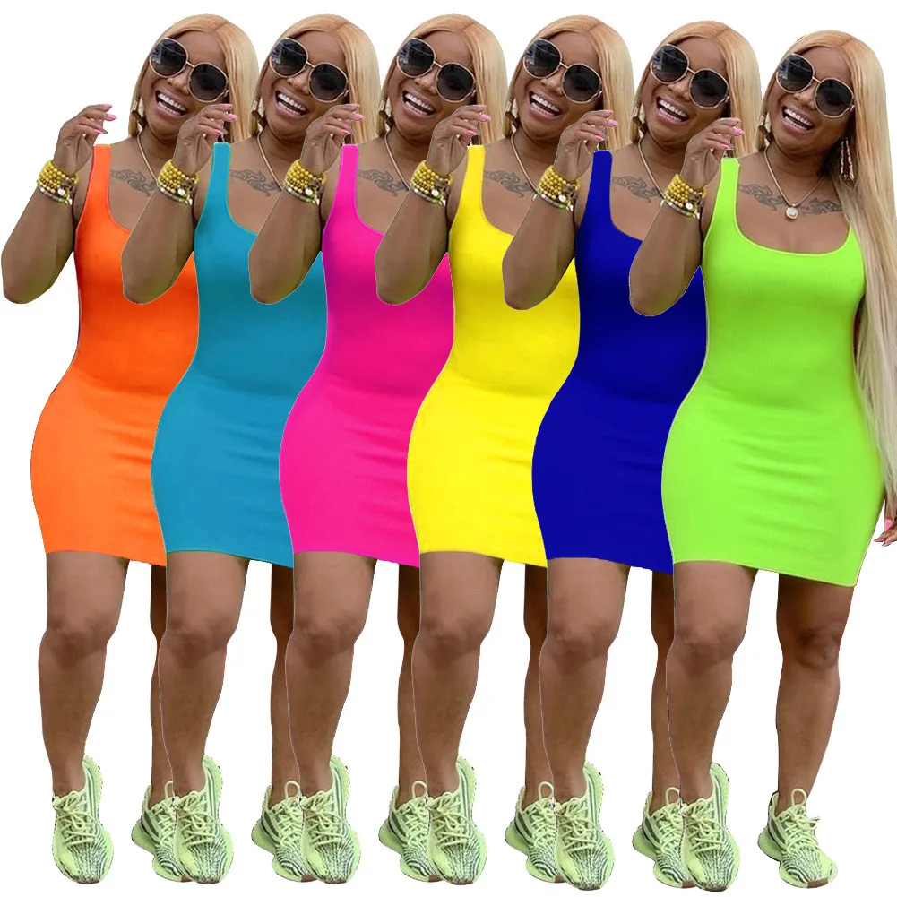 

2021 New Arrival women casual Sleeveless Bodycon Mini Dress summer Solid color sexy Tight dress, As picture or customized make