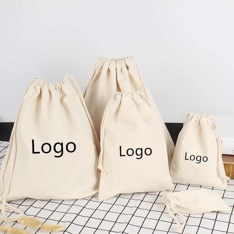 

Custom Logo Cotton Canvas Bag Drawstring Jewelry Bracelet Earrings Rings Storage Bag Boutique Packaging Bag Wholesale