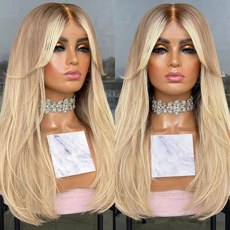 

Ombre Light Ash Blonde Transparent Lace Front Wig Fringe Cut 13x4Human Hair Wigs Brazilian Remy Hair Natural Straight 150% 180%