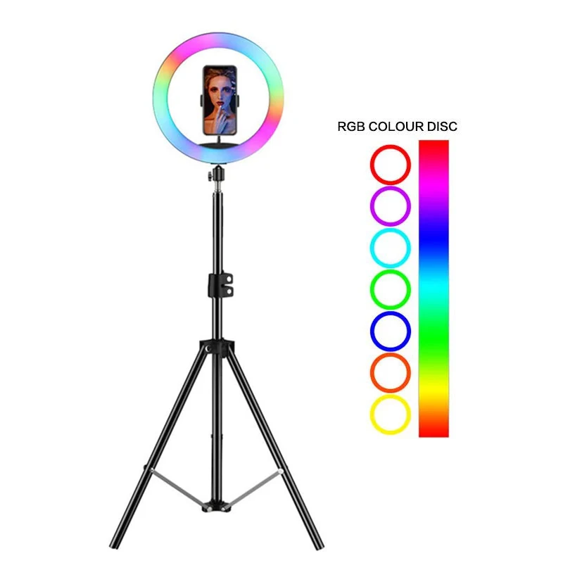 

Phone Holder Dimmable Photography Lighting 360 Degrees Rotation Selfie Desktop Tripod Stand 190cm RGB 10 Inch LED Ring Light, Black