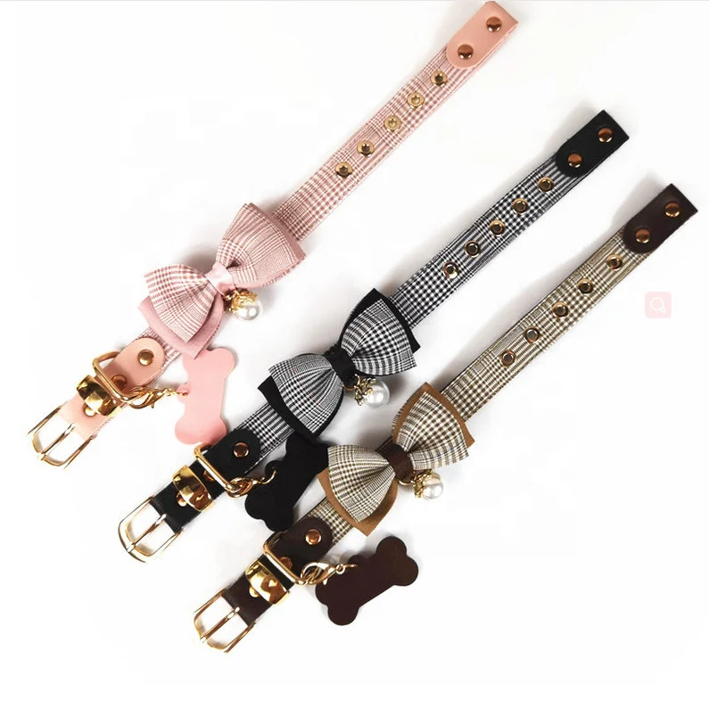 

Ins hot dog accessories wholesale high quality hand making luxury leather dog collars and leash with removable bowknot, Black, pink, brown