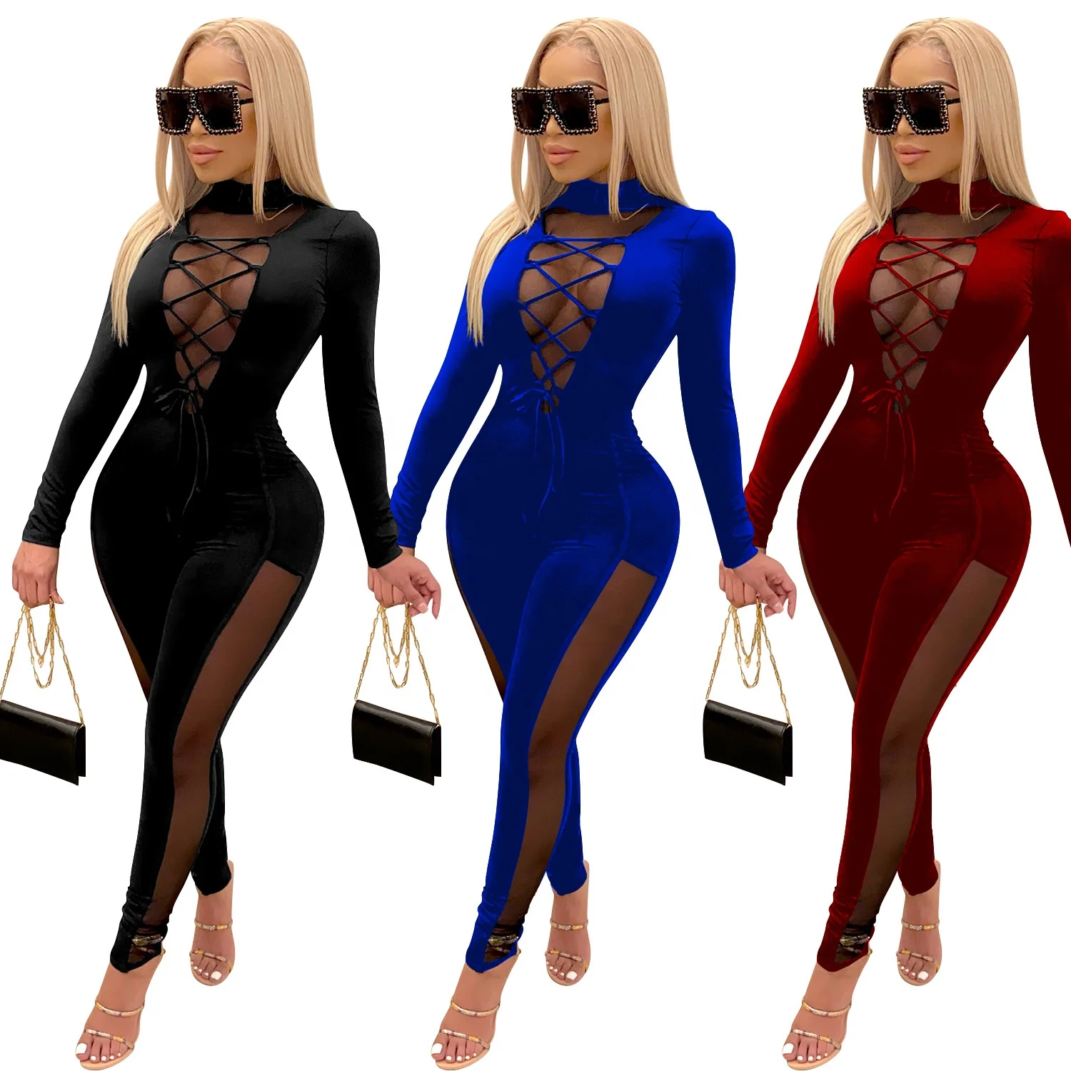 

2021 Fashion Solid Color Mesh Patchwork Deep V-neck Long Sleeve Backless Bandage Jumpsuits Women Sexy Night Club Party Romper
