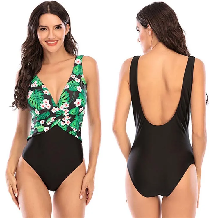 

2021 Fashion Custom Logo Women Swimwear chevron Floral One-Piece Swimwear Beachwear Bathing Suit