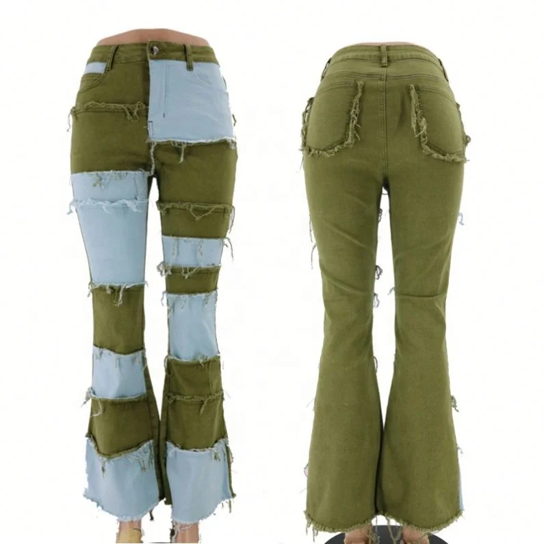 

VOOGUE Women Jeans Ladies Plus Size Jeans High Waist Flare Blue Green Red Female Jeans, Black/blue-black
