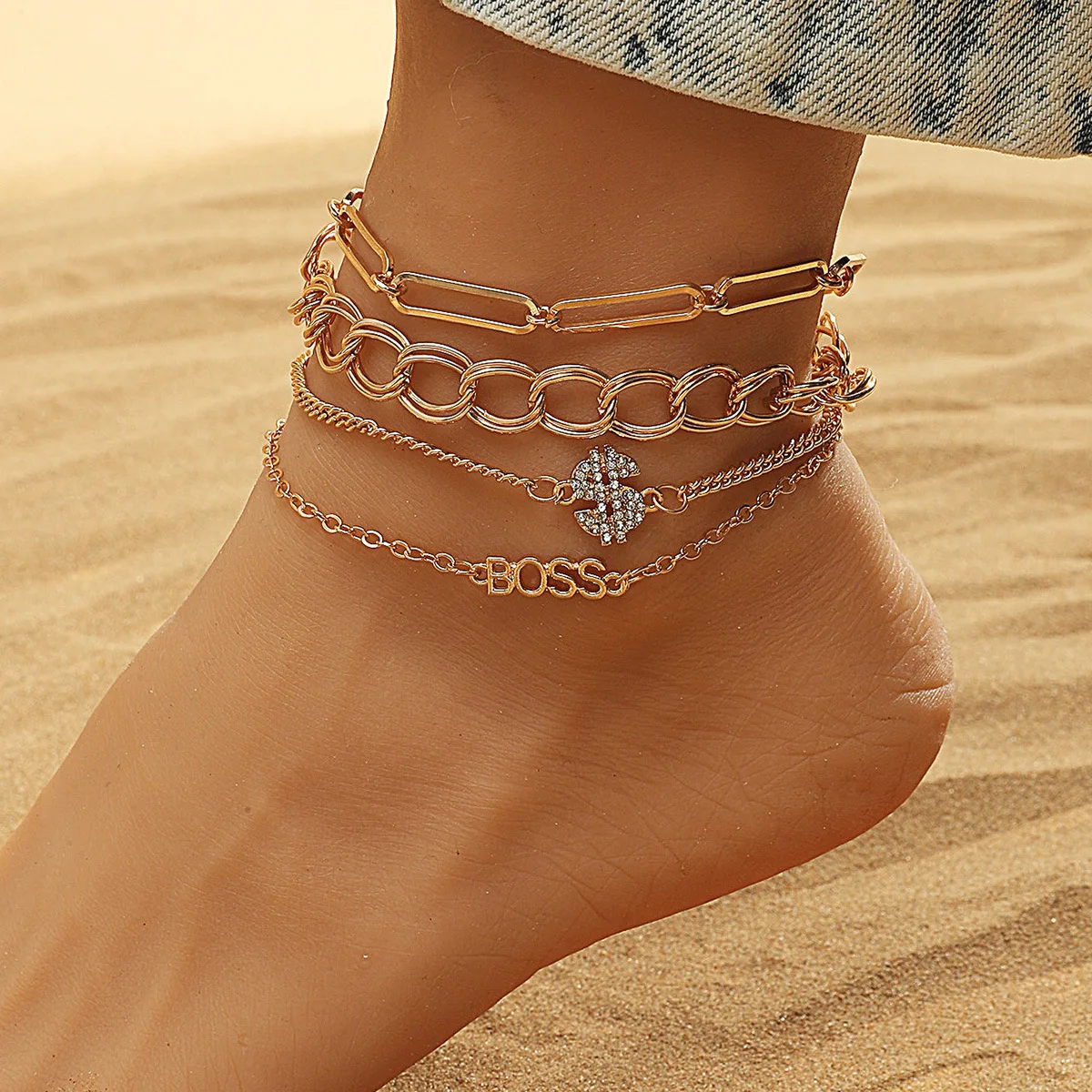 

Fashion Beach Luxury Women Anklet Multilayer Foot Chain Set Classic Heart Anklet Creative Dollar Sign Anklet for Women Girls