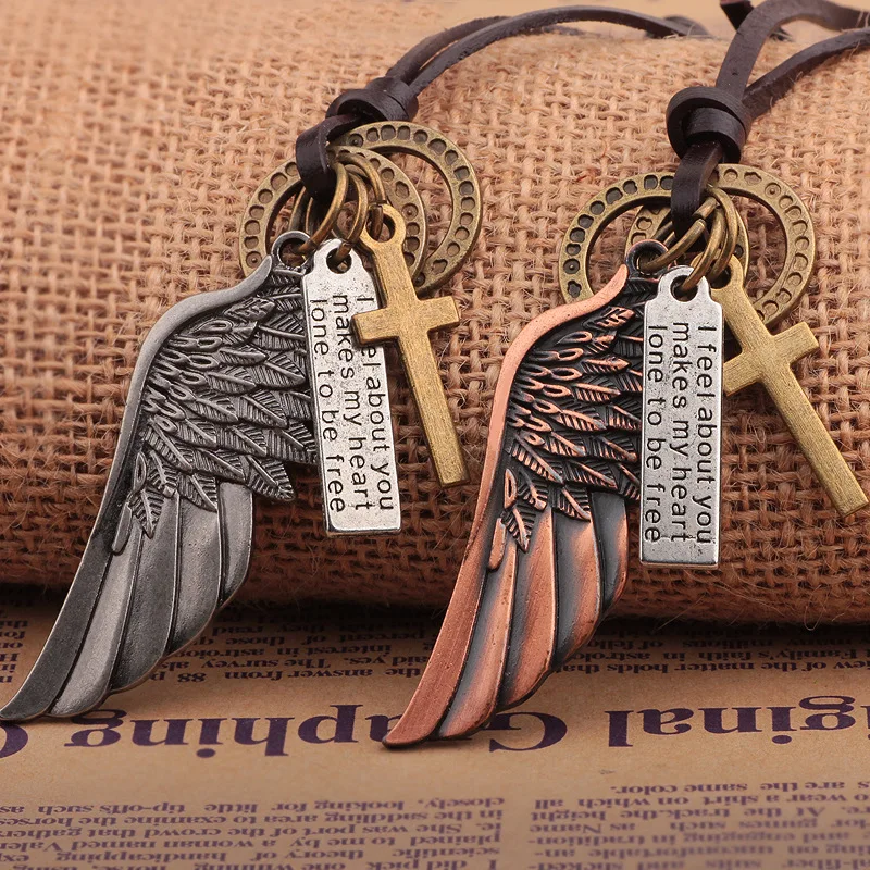 

Angel wings Leather necklace Cowhide Europe and America Popular necklace cross Jewelry wholesale