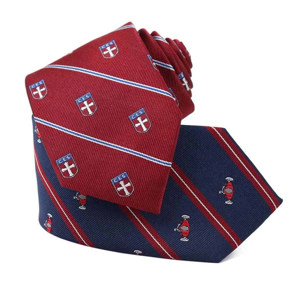 

Designers Red Blue Silk Formal Tie Woven Embroidered All Over Custom Logo Pattern Ties in Wholesale